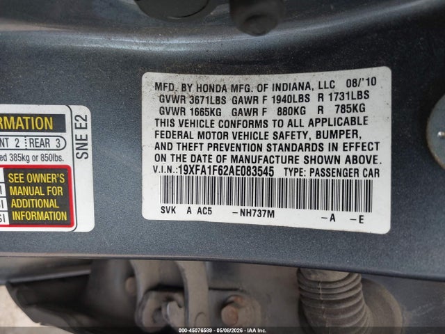 Aukcja sprzedaży 2010 Honda Civic Lx-s, vin: 19XFA1F62AE083545, numer aukcji: 45076589