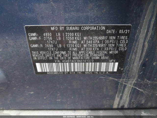 Продажа на аукционе авто 2022 Subaru Outback Premium, vin: 4S4BTACC9N3101373, номер лота: 45076592