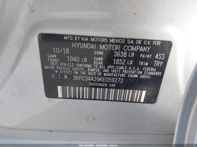45076593 :رقم المزاد ، 3KPC34A39KE059272 vin ، 2019 Hyundai Accent Limited مزاد بيع