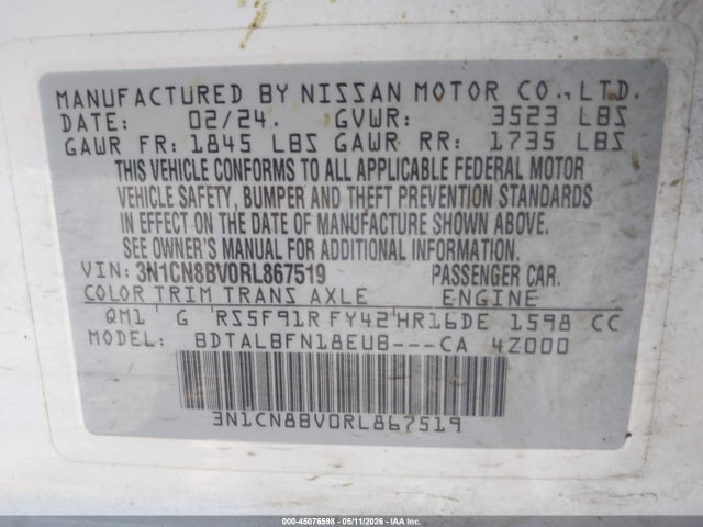 Aukcja sprzedaży 2024 Nissan Versa 1.6 S, vin: 3N1CN8BV0RL867519, numer aukcji: 45076598