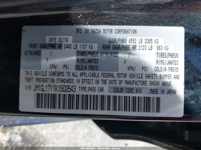 45076601 :رقم المزاد ، JM1GL1TY1K1502543 vin ، 2019 Mazda Mazda6 Grand Touring مزاد بيع