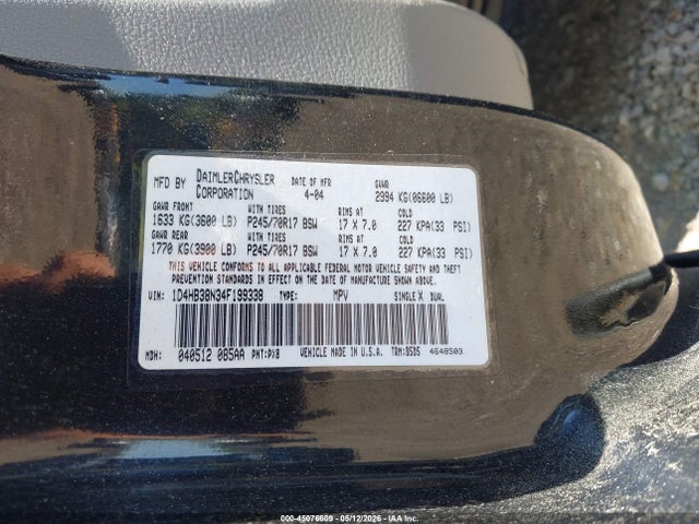 45076609 :رقم المزاد ، 1D4HB38N34F199338 vin ، 2004 Dodge Durango St مزاد بيع