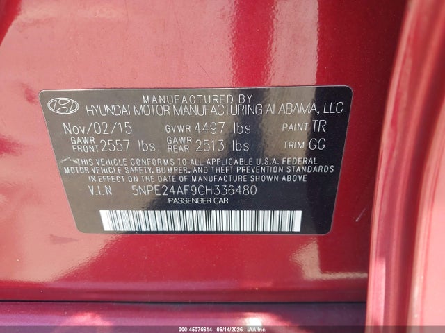 Продажа на аукционе авто 2016 Hyundai Sonata Se, vin: 5NPE24AF9GH336480, номер лота: 45076614