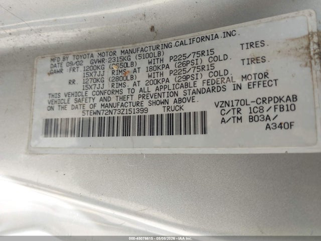 Aukcja sprzedaży 2003 Toyota Tacoma Base V6, vin: 5TEWN72N73Z151399, numer aukcji: 45076615