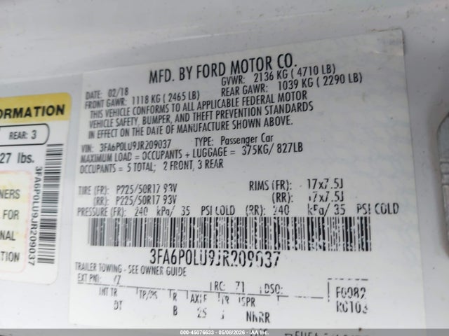 Aukcja sprzedaży 2018 Ford Fusion Hybrid Se, vin: 3FA6P0LU9JR209037, numer aukcji: 45076633