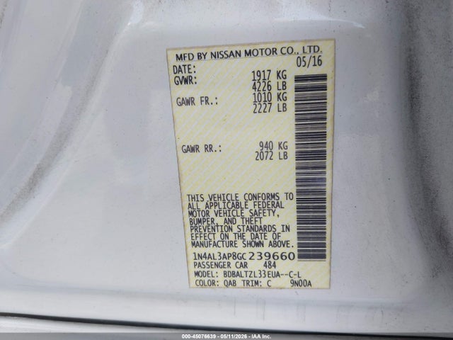 Aukcja sprzedaży 2016 Nissan Altima 2.5 Sl, vin: 1N4AL3AP8GC239660, numer aukcji: 45076639