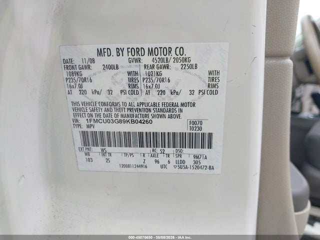 45076650 :رقم المزاد ، 1FMCU03G89KB04260 vin ، 2009 Ford Escape Xlt مزاد بيع