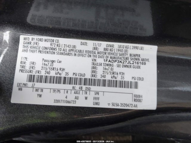 Продажа на аукционе авто 2018 Ford Focus Se, vin: 1FADP3K27JL216169, номер лота: 45076655