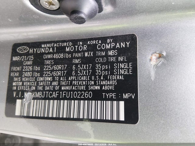 2015 Hyundai Tucson Gls მანქანა იყიდება აუქციონზე, vin: KM8JTCAF1FU102260, აუქციონის ნომერი: 45076659