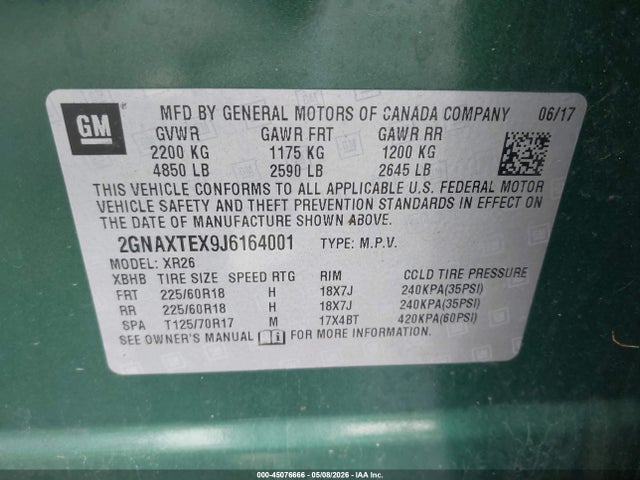 Aukcja sprzedaży 2018 Chevrolet Equinox Lt, vin: 2GNAXTEX9J6164001, numer aukcji: 45076666