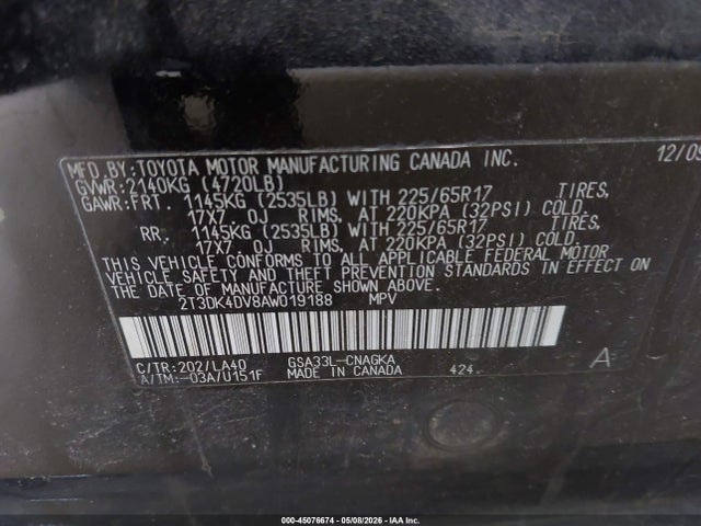 Aukcja sprzedaży 2010 Toyota Rav4 Limited V6, vin: 2T3DK4DV8AW019188, numer aukcji: 45076674