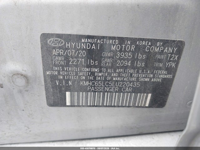 2020 Hyundai Ioniq Hybrid Blue მანქანა იყიდება აუქციონზე, vin: KMHC65LC5LU220435, აუქციონის ნომერი: 45076678