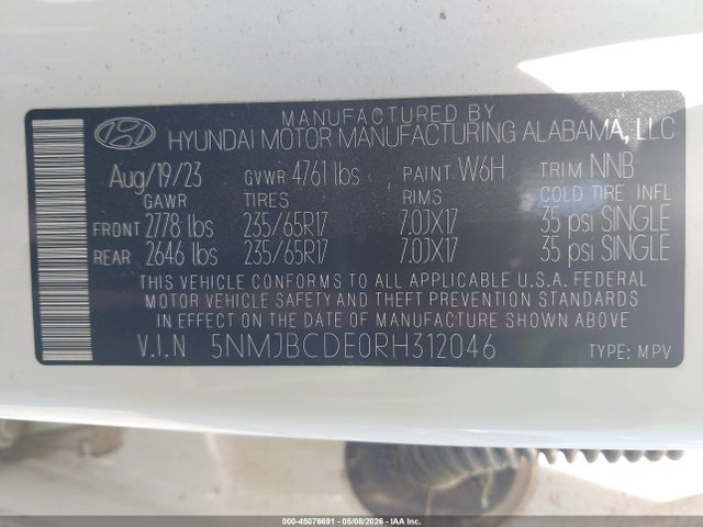 45076691 :رقم المزاد ، 5NMJBCDE0RH312046 vin ، 2024 Hyundai Tucson Sel مزاد بيع