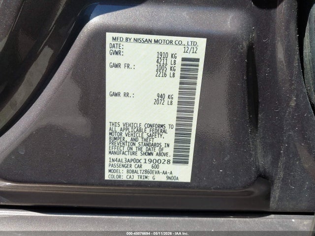 45076694 :رقم المزاد ، 1N4AL3AP0DC190028 vin ، 2013 Nissan Altima 2.5 Sv مزاد بيع