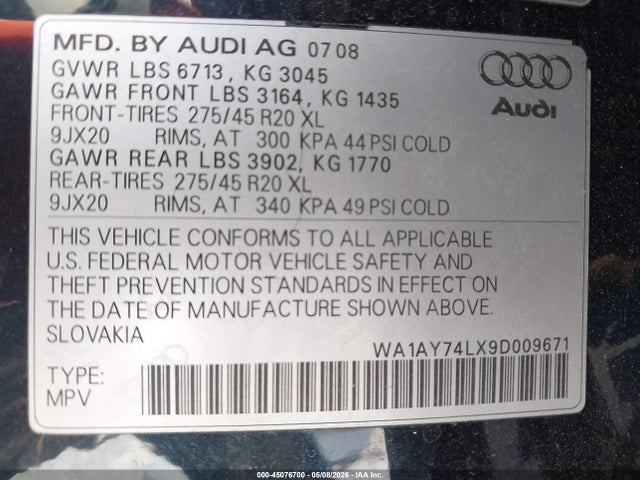 Aukcja sprzedaży 2009 Audi Q7 3.6 5 Passenger/3.6 Premium, vin: WA1AY74LX9D009671, numer aukcji: 45076700