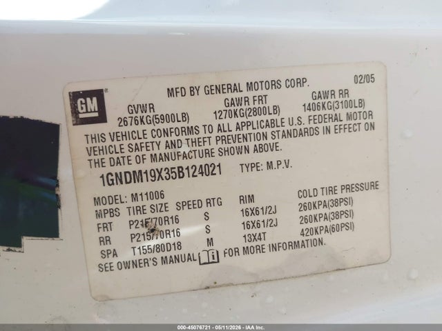 Aukcja sprzedaży 2005 Chevrolet Astro, vin: 1GNDM19X35B124021, numer aukcji: 45076721