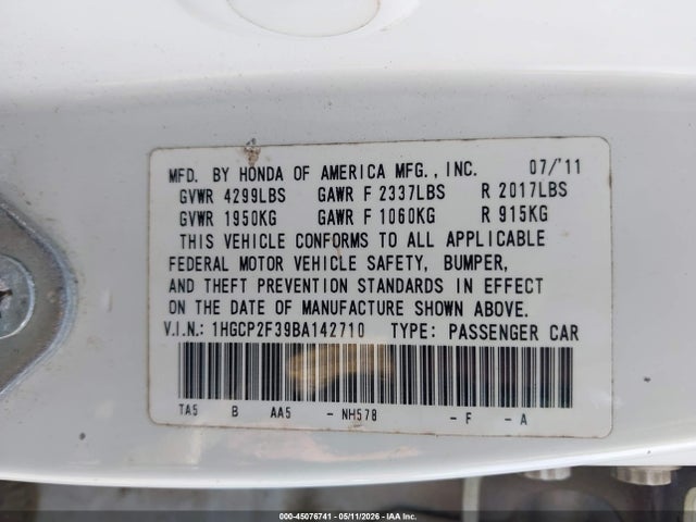 45076741 :رقم المزاد ، 1HGCP2F39BA142710 vin ، 2011 Honda Accord 2.4 Lx مزاد بيع