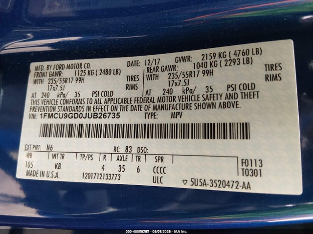 1FMCU9GD0JUB26735 Ford ESCAPE SE
