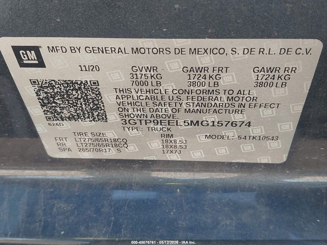 Aukcja sprzedaży 2021 Gmc Sierra 1500 4wd  Short Box At4, vin: 3GTP9EEL5MG157674, numer aukcji: 45076761