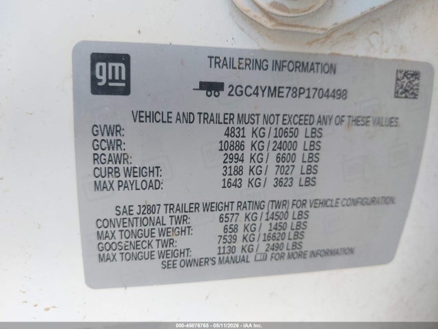 45076765 :رقم المزاد ، 2GC4YME78P1704498 vin ، 2023 Chevrolet Silverado 2500hd 4wd  Standard Bed Custom مزاد بيع