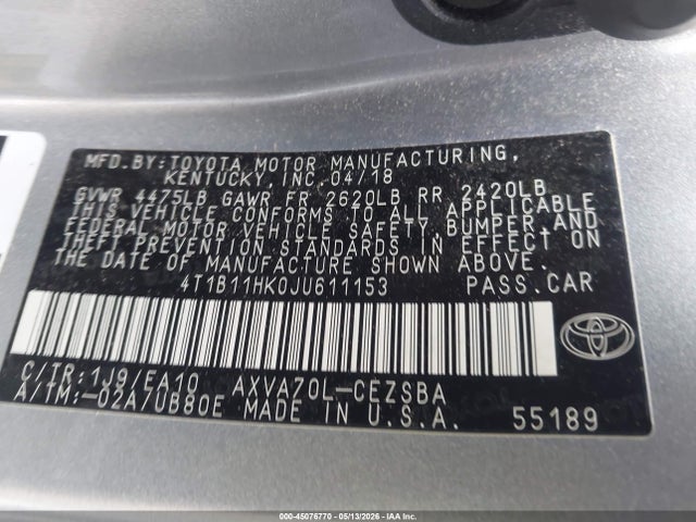 Aukcja sprzedaży 2018 Toyota Camry Se, vin: 4T1B11HK0JU611153, numer aukcji: 45076770