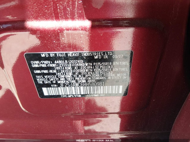 Auction sale of the 2017 Subaru Forester 2.5i Touring, vin: JF2SJAWC6HH580981, lot number: 45076775