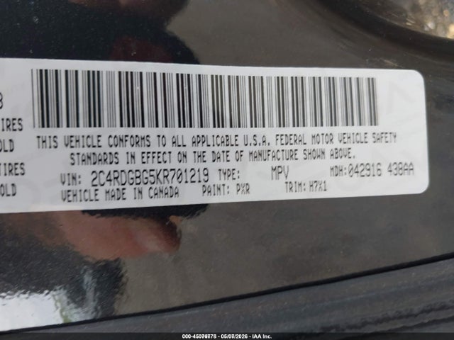 Aukcja sprzedaży 2019 Dodge Grand Caravan Se, vin: 2C4RDGBG5KR701219, numer aukcji: 45076778