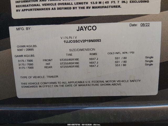 Продаж на аукціоні авто 2023 Jayco Siesmic  Travel Trailer, vin: 1UJCGSCV2P19N0053, номер лоту: 45076785