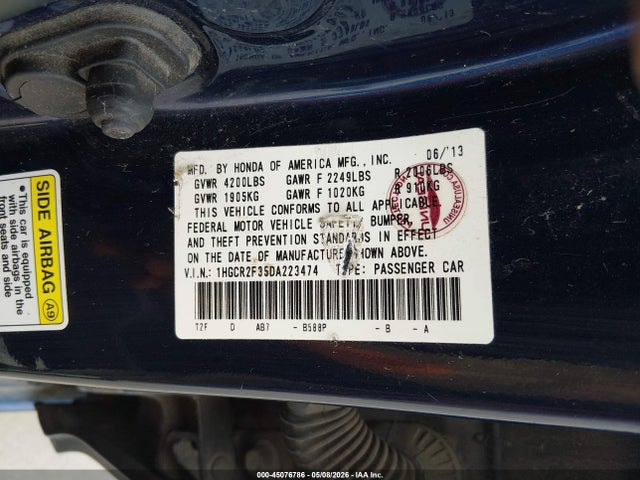 Aukcja sprzedaży 2013 Honda Accord Lx, vin: 1HGCR2F35DA223474, numer aukcji: 45076786