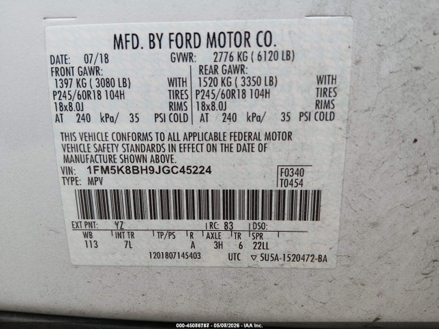 1FM5K8BH9JGC45224 Ford Explorer