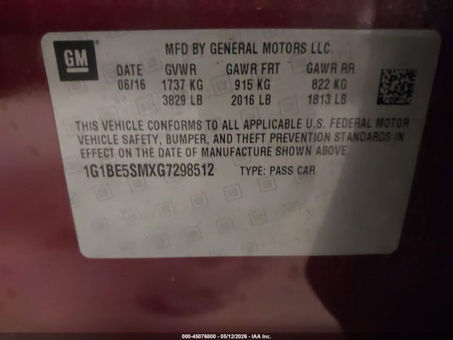 2016 Chevrolet Cruze Lt Auto მანქანა იყიდება აუქციონზე, vin: 1G1BE5SMXG7298512, აუქციონის ნომერი: 45076800