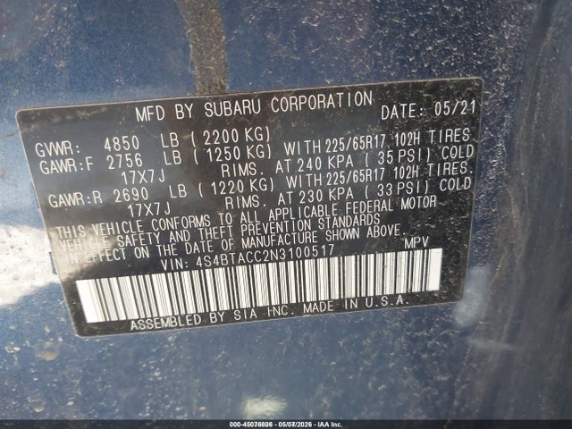 Aukcja sprzedaży 2022 Subaru Outback Premium, vin: 4S4BTACC2N3100517, numer aukcji: 45076806
