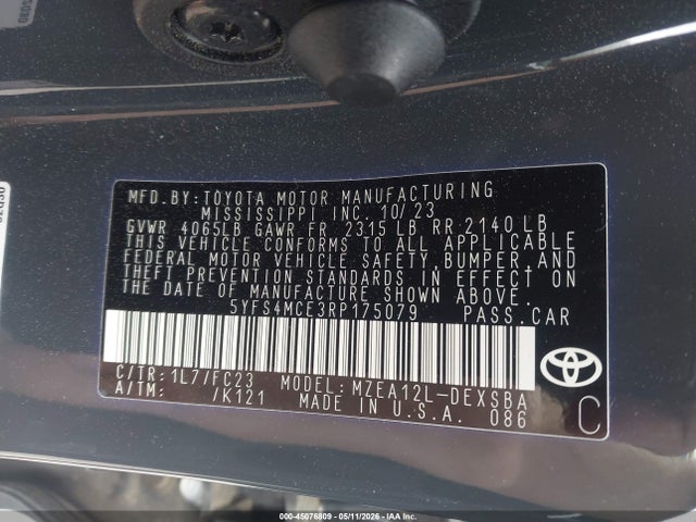 45076809 :رقم المزاد ، 5YFS4MCE3RP175079 vin ، 2024 Toyota Corolla Se مزاد بيع