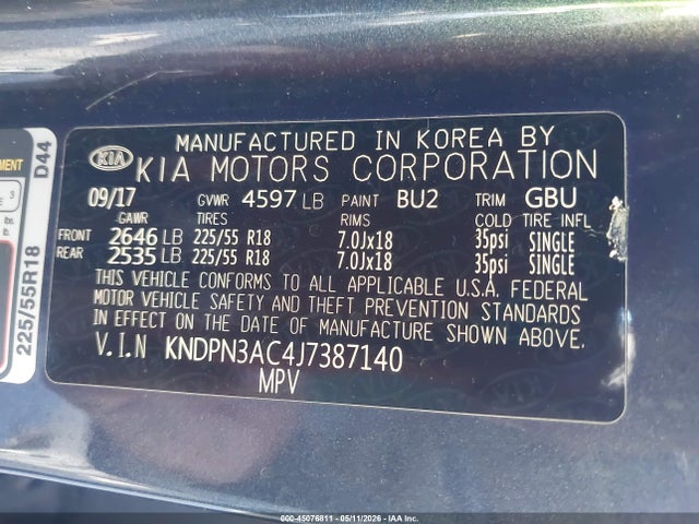 2018 Kia Sportage Ex მანქანა იყიდება აუქციონზე, vin: KNDPN3AC4J7387140, აუქციონის ნომერი: 45076811