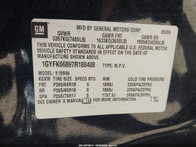 Продаж на аукціоні авто 2007 Cadillac Escalade Esv Standard, vin: 1GYFK66897R188408, номер лоту: 45076813