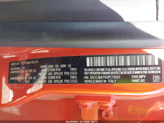 45076816 :رقم المزاد ، ZACCJBAT5GPC79321 vin ، 2016 Jeep Renegade Sport مزاد بيع