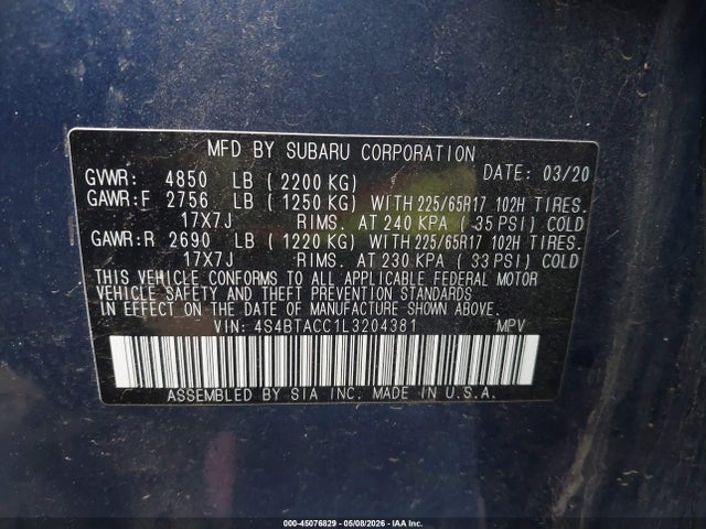 Продажа на аукционе авто 2020 Subaru Outback Premium, vin: 4S4BTACC1L3204381, номер лота: 45076829