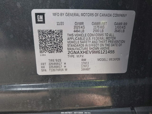 45076831 :رقم المزاد ، 2GNAXHEV9M6121455 vin ، 2021 Chevrolet Equinox Fwd Ls مزاد بيع
