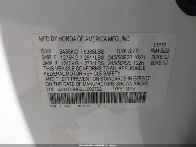 5J8YD3H86JL002792 Acura Mdx Advance Package