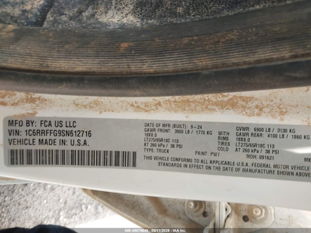 45076845 :رقم المزاد ، 1C6RRFFG9SN612716 vin ، 2025 Ram 1500 Big Horn  4x4 5'7 Box مزاد بيع