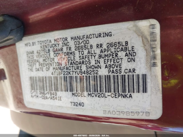 Aukcja sprzedaży 2000 Toyota Camry Le V6, vin: 4T1BF22K7YU948252, numer aukcji: 45076853