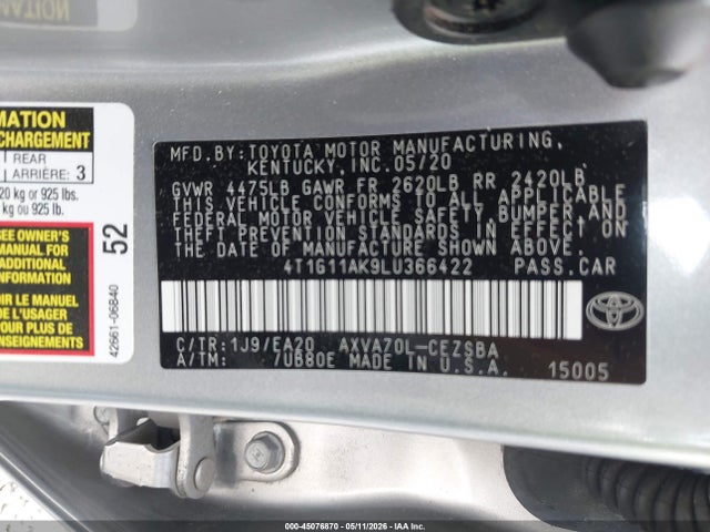 Продажа на аукционе авто 2020 Toyota Camry Se, vin: 4T1G11AK9LU366422, номер лота: 45076870