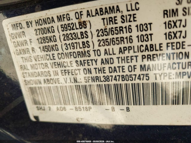 2007 Honda Odyssey Ex-l მანქანა იყიდება აუქციონზე, vin: 5FNRL38747B057475, აუქციონის ნომერი: 45076869