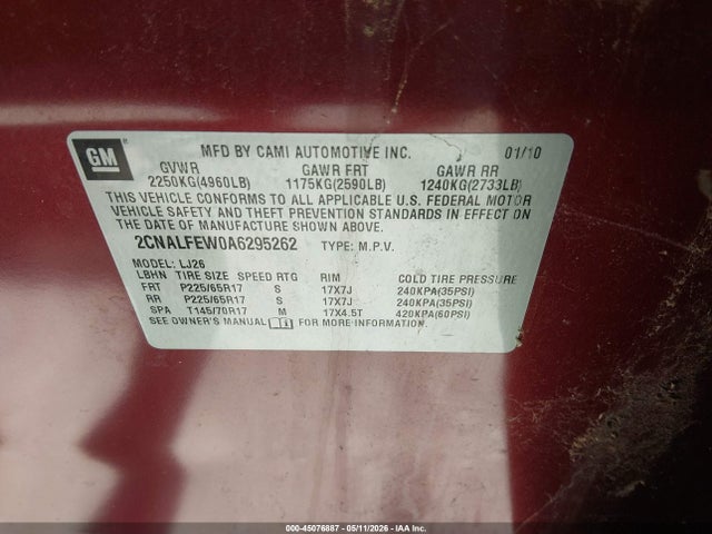 Продажа на аукционе авто 2010 Chevrolet Equinox Ltz, vin: 2CNALFEW0A6295262, номер лота: 45076887