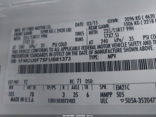 Aukcja sprzedaży 2015 Ford Escape S, vin: 1FMCU0F75FUB81373, numer aukcji: 45076888