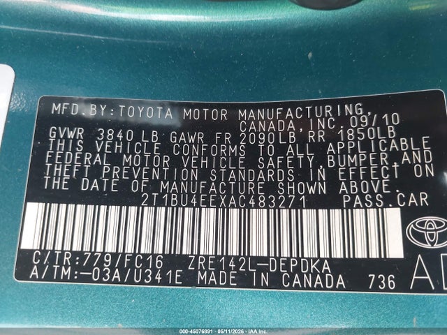 45076891 :رقم المزاد ، 2T1BU4EEXAC483271 vin ، 2010 Toyota Corolla Le مزاد بيع