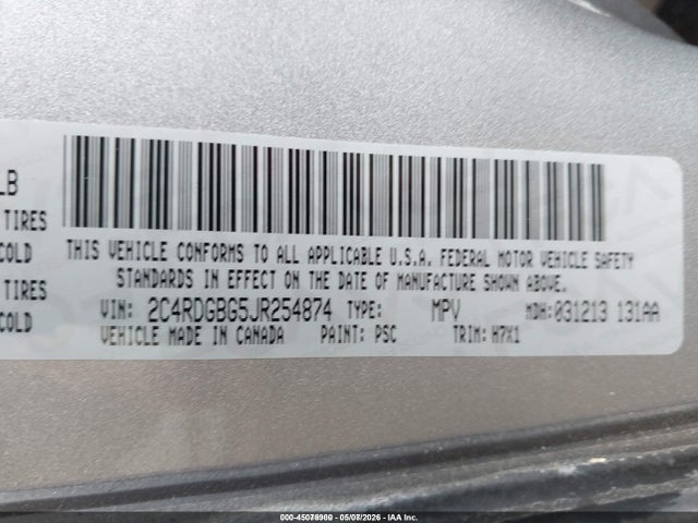 2018 Dodge Grand Caravan Se მანქანა იყიდება აუქციონზე, vin: 2C4RDGBG5JR254874, აუქციონის ნომერი: 45076900