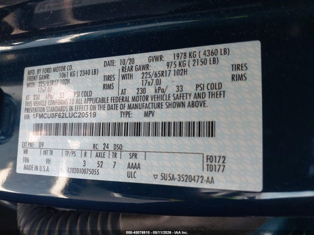Aukcja sprzedaży 2020 Ford Escape S, vin: 1FMCU0F62LUC20519, numer aukcji: 45076910