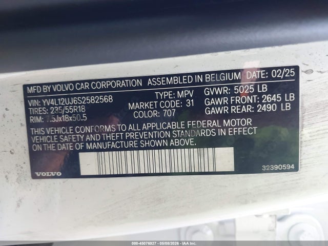 45076927 :رقم المزاد ، YV4L12UJ6S2582568 vin ، 2025 Volvo Xc40 B5 Core Bright Theme مزاد بيع