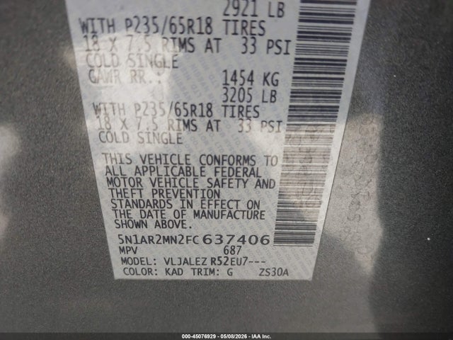 5N1AR2MN2FC637406 Nissan Pathfinder Platinum/s/sl/sv